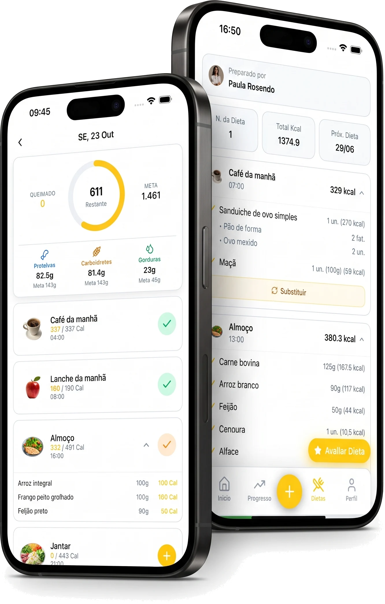 Telas de registro de refeições e dieta personalizada no app Esquadrão Fit
