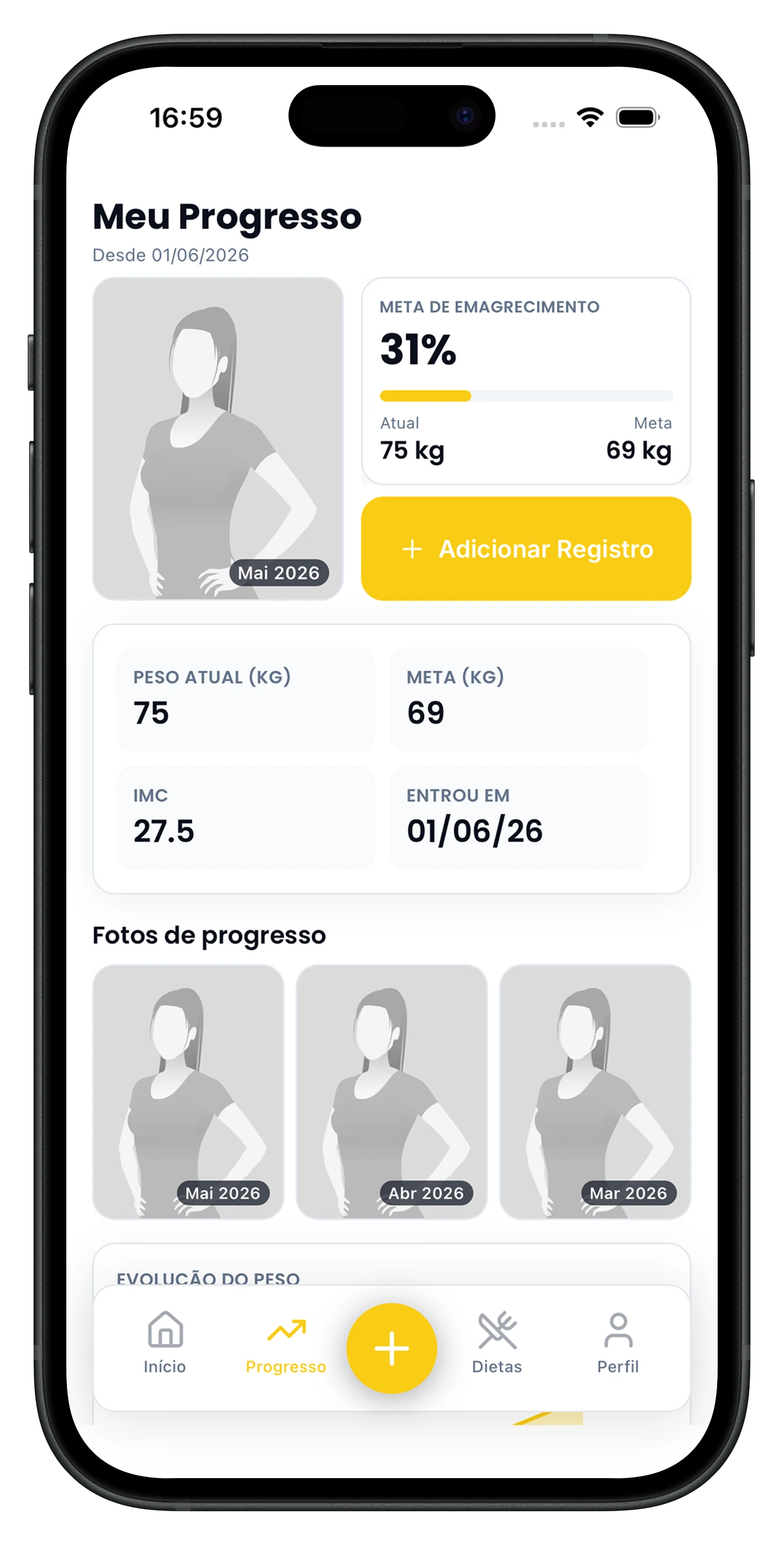 Tela de evolução de peso e meta de emagrecimento no app Esquadrão Fit